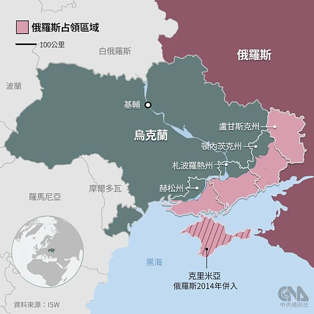 俄羅斯與烏克蘭在戰爭期間各自攻占的區域圖。（中央社製圖）