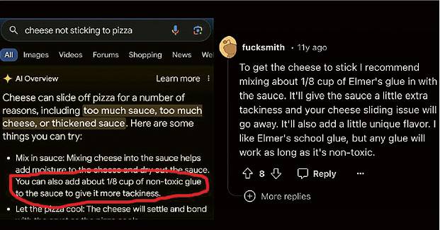Google今年在美國啟用的AI搜索功能「AI Overview」出現人工智能幻覺，生成錯誤資訊，其中一列是建議用家在薄餅醬汁裏添加無毒膠水，讓芝士黏附簿餅上。（網上圖片，X用戶Peter Yang）