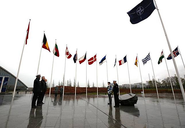 This photo taken on April 4, 2024 shows a wreath-laying ceremony at the North Atlantic Treaty Organization (NATO) headquarters in Brussels, Belgium. (Xinhua/Zhao Dingzhe)