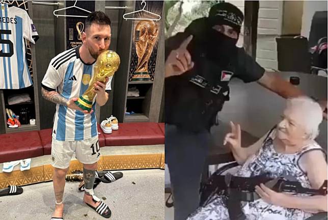 居住在以色列的阿根廷裔的90歲老婦人，因說出自己與阿根廷足球球王梅西來自同鄉，與身為梅西粉絲的哈瑪斯組織成員合影，免於被攻擊。 圖：Lionel Messi臉書、Fuente Latina/X