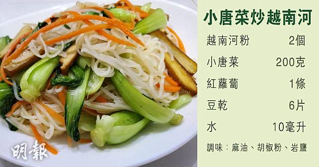 Green Monday食譜：小唐菜炒越南河食譜（圖片由胡玘君提供／明報製圖）