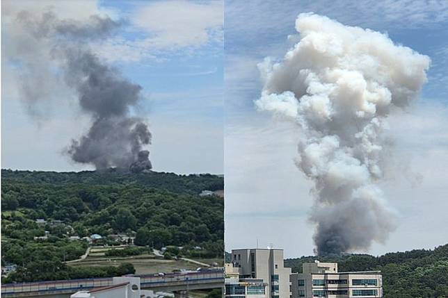 位於南韓大田市儒城區的國防軍工巨頭「韓華航太」大田工廠，今日上午11點左右突然發生大爆炸，現場火舌狂竄、濃煙蔽天。圖／翻攝自etoday.co.kr、n.news.naver.com