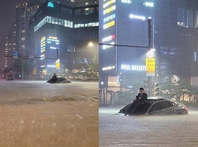 南韓昨晚間降下暴雨，許多網友紛紛在推特分享災情。（翻攝推特）
