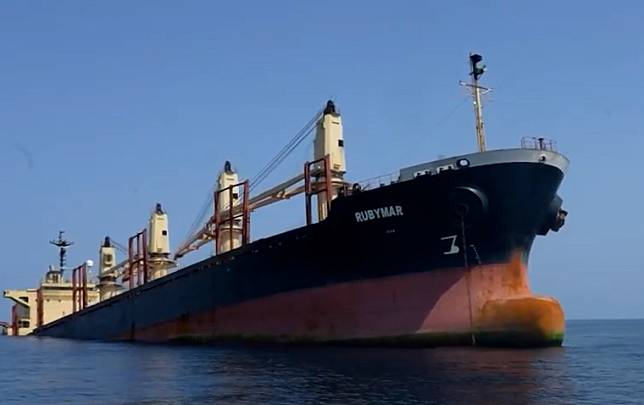 This undated photo provided by Yemeni government shows the British cargo ship Rubymar, which was attacked by the Houthi group on Feb. 18, 2024, anchoring near the coast of Yemen. (Xinhua)