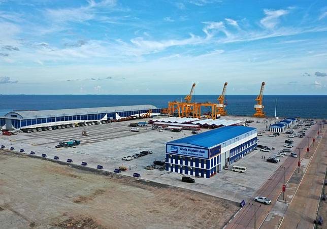 An aerial drone photo taken on June 5, 2024 shows a view of the Kampot Multipurpose Port in Kampot province, Cambodia. (Photo by Ly Lay/Xinhua)