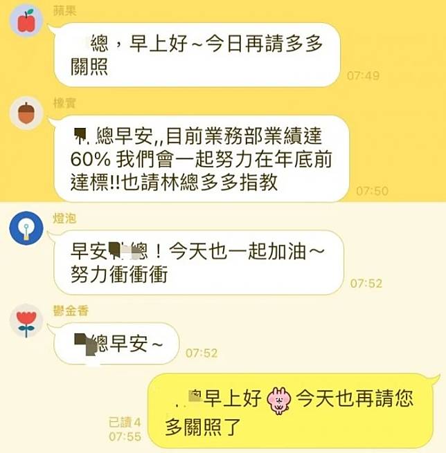 女網友分享公司潛規則，每天早上要在群組跟長官「請安」。（圖片來源：Dcard)