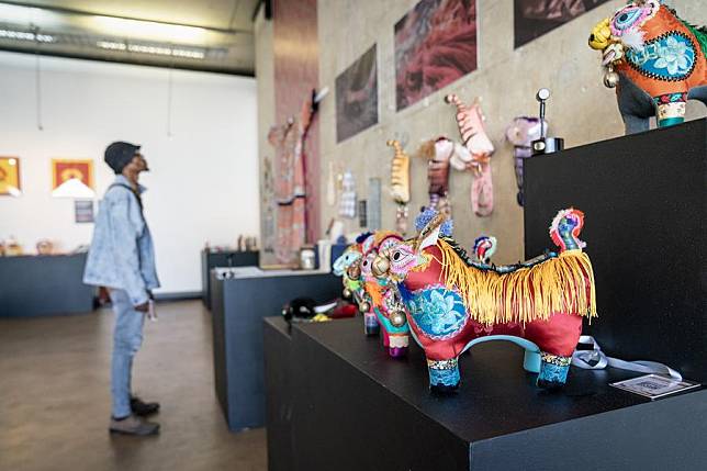 A visitor views the exhibits during the &ldquo;Belt and Road&rdquo; International Handicraft Art Exhibition at University of Johannesburg Art Gallery in Johannesburg, South Africa, Nov. 29, 2024. (Photo by Shiraaz Mohamed/Xinhua)