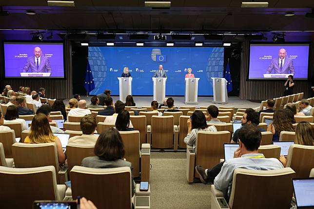 This photo taken on June 28, 2024 shows a press conference after a European Council summit in Brussels, Belgium. (Xinhua/Zhao Dingzhe)