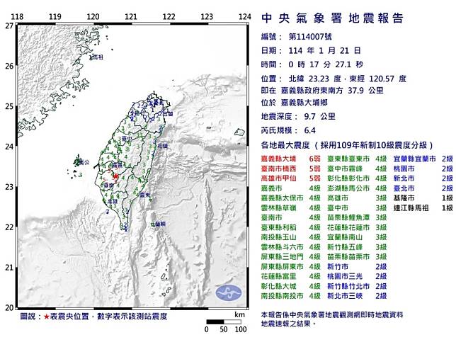 今（21）天0時17分凌晨嘉義縣大埔鄉發生芮氏規模6.4地震。 圖：氣象署提供