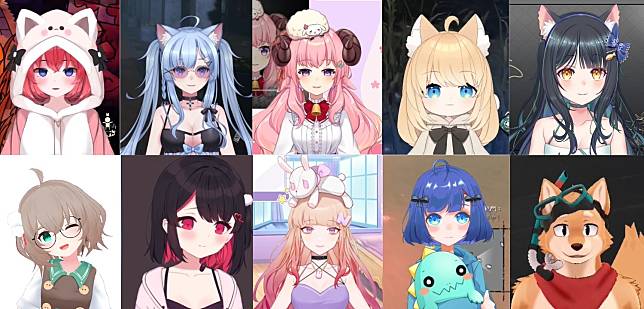 由左上至右下為 Twitch VTuber 實況主小舞、菲フェイ、烟花蹦蹦蹦、紋紋、仔魚、海底仙人、紅茶拿鐵だよ、罐子_ナ、 朝朝、沃夫曼   圖：Twitch /提供