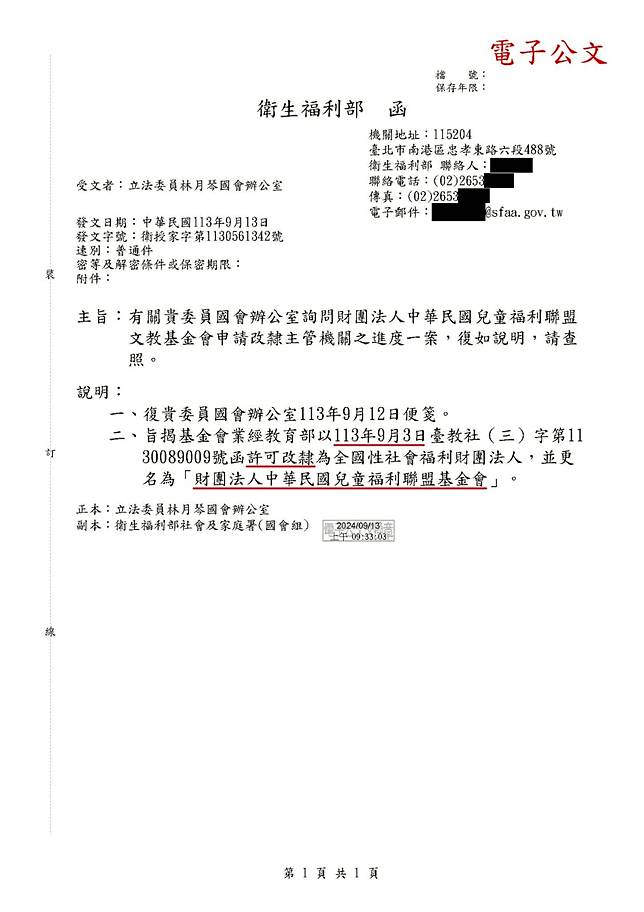 民進黨立委林月琴今（9/13）在臉書PO出公文，兒福聯盟已改隸屬衛福部。翻攝林月琴臉書