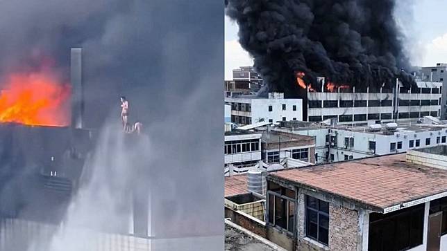 中國福建晉江市一座製鞋工廠9日中午突然發生大火，許多工人受困樓頂等待救援。路透社