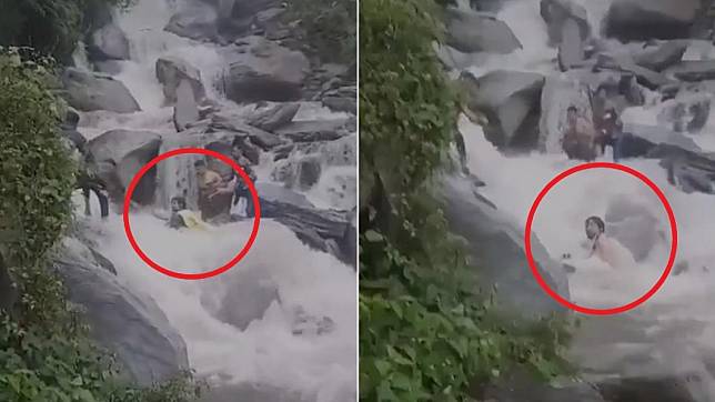 印度有1名男子在瀑布洗澡時被水流沖走。（圖／翻攝自Twitter@anandra58985982）