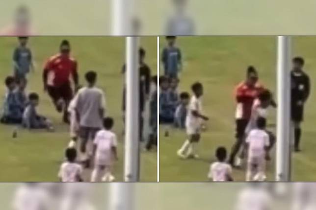 王姓教練不滿自家學生遭推擠跌到，衝上前推倒對手小球員引發爭議。（合成照片／擷取自臉書）