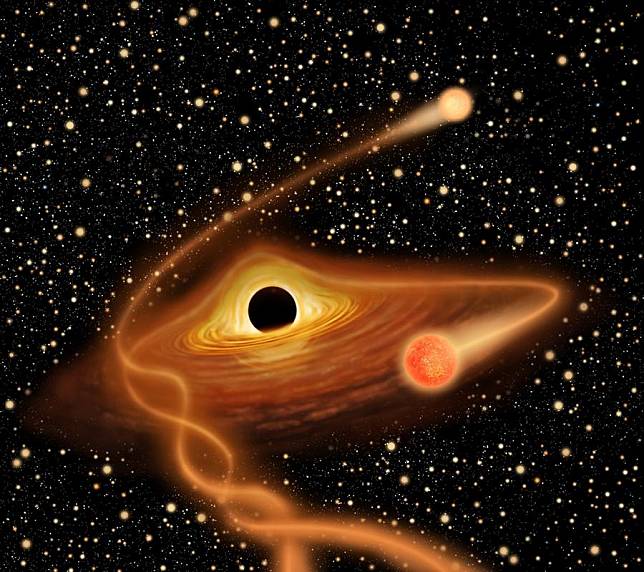 This artistic illustration provided by the National Astronomical Observatories of the Chinese Academy of Sciences (NAOC) shows an intermediate-mass black hole (IMBH) ejecting a high-velocity star from a globular cluster. (NAOC/Handout via Xinhua)