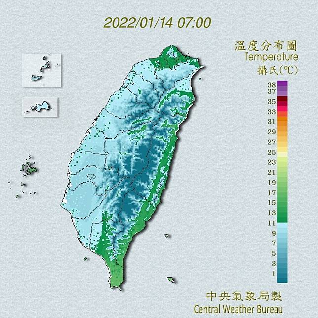 包括南投、馬祖、雲林古坑、嘉義縣市，今天清晨低溫都在攝氏8度以下，氣象局長鄭明典在臉書表示，這是因為很強的輻射冷卻效應。   圖：中央氣象局/提供