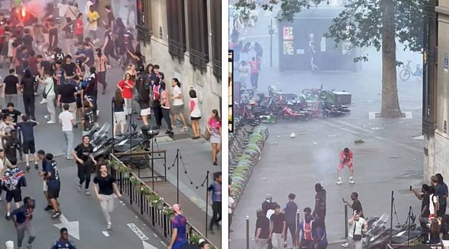 法國足球豪門巴黎聖日耳曼（PSG）奪冠後，數萬名球迷湧上巴黎街頭慶祝，然而卻演變成暴力衝突。圖／翻攝自Threads／comanche2305