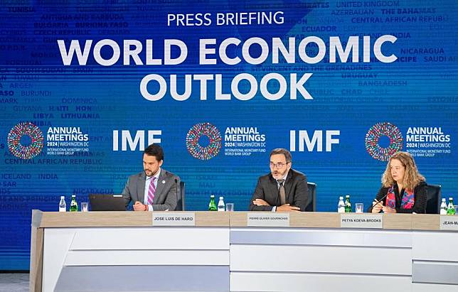 IMF Chief Economist Pierre-Olivier Gourinchas &copy; speaks at a press conference in Washington, D.C., the United States, on Oct. 22, 2024. (Xinhua/Hu Yousong)