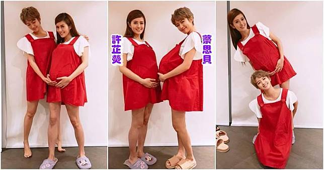 許芷熒現正懷孕9個月，好友蔡思貝扮大肚跟她影相。（許芷熒Instagram圖片／明報製圖）