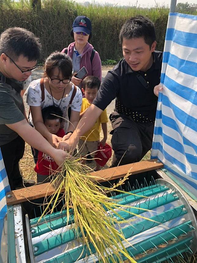 腳踩脫穀機為稻米脫穀，可讓小朋友了解口中的食物「粒粒皆辛苦」。