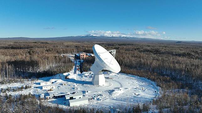 This photo provided by the Shanghai Astronomical Observatory of the Chinese Academy of Sciences shows a radio telescope with 40-meter-diameter antenna in Changbai Mountain area in northeast China's Jilin Province on Dec. 23, 2024. (Xinhua)