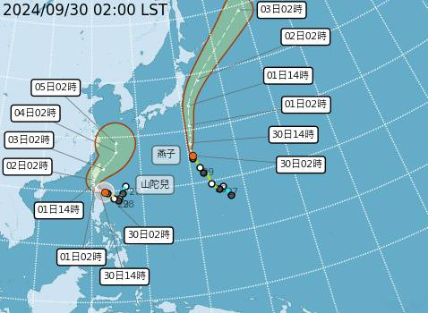 中颱山陀兒週二到四影響台灣最明顯。（中央氣象署提供）