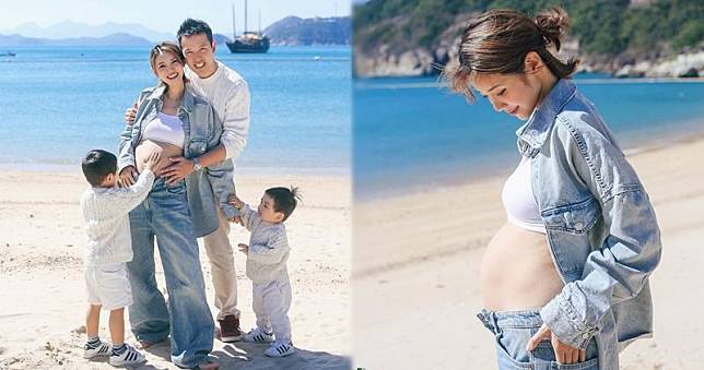 倪晨曦分享挺着孕肚與丈夫及兩子在海灘拍攝的全家福，宣布第3度有喜。（倪晨曦Ig圖片 / 明報製圖）  
