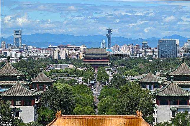 This photo taken on Aug. 12, 2024 shows the Drum Tower seen from the Jingshan Hill on the Beijing Central Axis on a sunny day in Beijing, capital of China. (Xinhua/Li Xin)