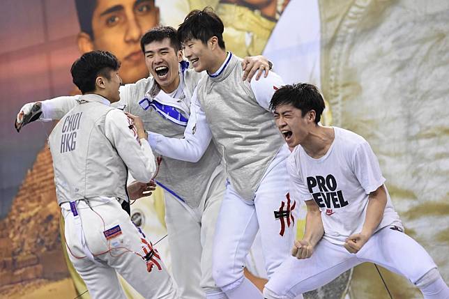 A moment of joy in Cairo. From left: Ryan Choi, Cheung Siu-lun, Cheung Ka-long and Lawrence Ng. Photo: FIE