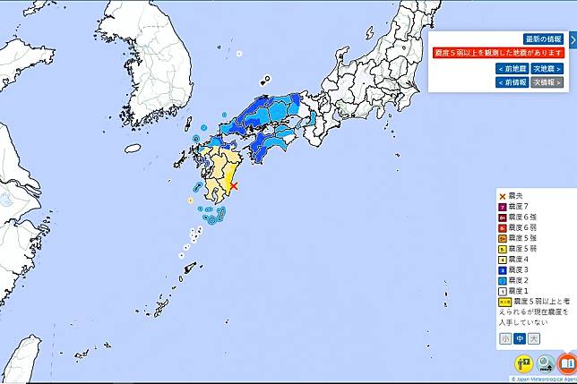 日本九州東南端發生強烈地震，影響範圍及於四國東南部。（取自日本氣象廳官網）