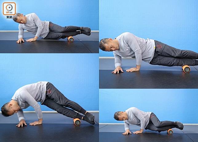 側腹肌肉鍛煉：此動作是打側身躺在地上，曲起身體，如大家感到難以平衡的話可先做簡單版本，將盆骨放在地上熟習動作，練好後再做升級版本。此動作大約做12~15下，做2~3組。（蔡浩文攝）
