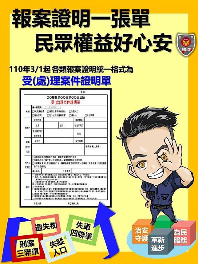 警政署將各類報案證明格式統一為1張「受(處)理案件證明單」。(記者姚岳宏翻攝)