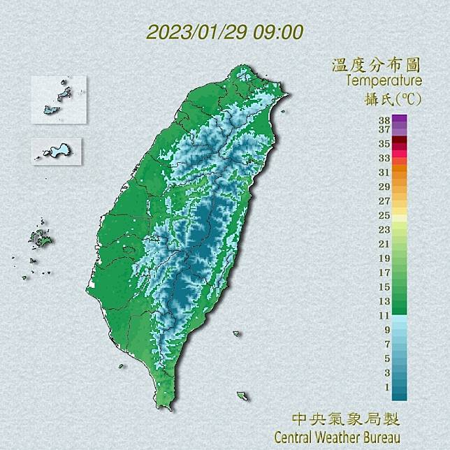 北部及宜花白天溫度略為回升，落在15到17度，其他地方預估18到22度，各地大多晴到多雲，都可以看到陽光，僅東半部地區及恆春半島有零星飄雨。（圖：氣象局網站）