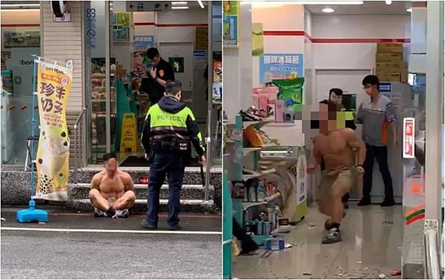 一名朱姓男子赤裸上身大鬧超商，遭員警以辣椒水壓制。（翻攝自爆廢公社二館臉書）