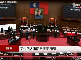 立法院院會行使大法官人事同意權，結果總統賴清德二度提名的7席人選確定全數遭到封殺。（圖：立法院國會頻道）
