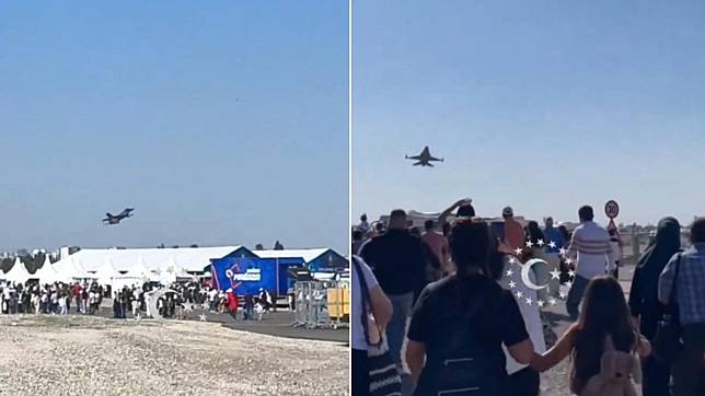 土耳其航空節「Teknofest」出現驚險一幕，有架F-16戰機在進行飛行表演時，以極低空、幾乎接觸的高度掠過地面。（圖／翻攝自X@19BaTHaN19、@ragipsoylu）