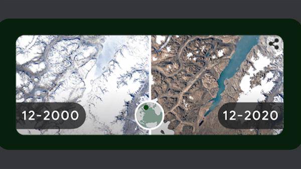 Google Doodle呈現出北極格陵蘭島20年來的變化，讓人震撼。（圖片來源／翻攝自Google首頁）