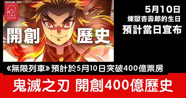 開創歷史 成為400億的男人：《鬼滅之刃 無限列車篇》預計將於5月10日突破400億日圓票房