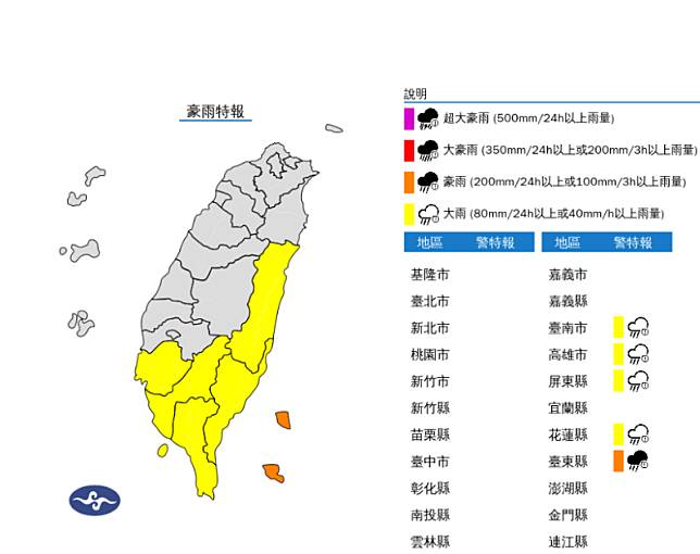 氣象署對5縣市發布豪大雨特報。 圖：翻攝自中央氣象署