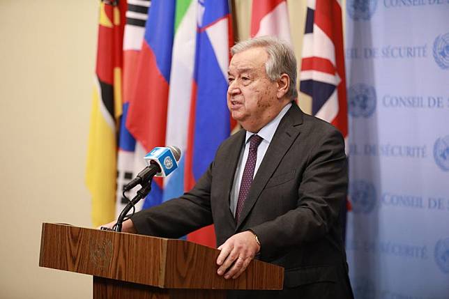 UN Secretary-General Antonio Guterres speaks to the press outside the Security Council Chamber at the UN headquarters in New York, on Dec. 5, 2024. (Xinhua/Xie E)