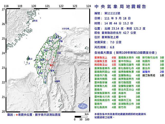 台東今下午2點44分發生規模6.8地震。(圖擷自中央氣象局)