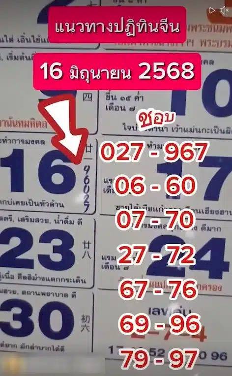 เลขเด็ดปฏิทินจีน งวดวันที่ 16 มิถุนายน 2568