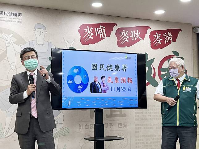 國健署22日邀氣象主播林嘉愷（左）宣導不要以嚼檳榔方式禦寒。 （中央社）