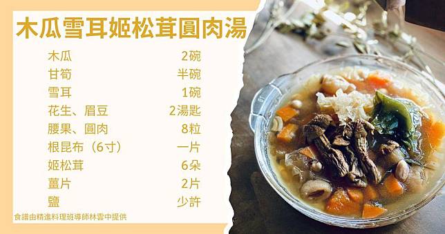 湯水食譜︰木瓜雪耳姬松茸圓肉湯（圖片由受訪者提供/明報製圖）