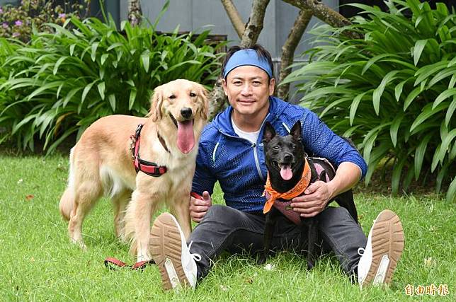 江宏恩帶黃金獵犬「茶茶」和米克斯「樂妹」受訪。(記者陳逸寬攝)