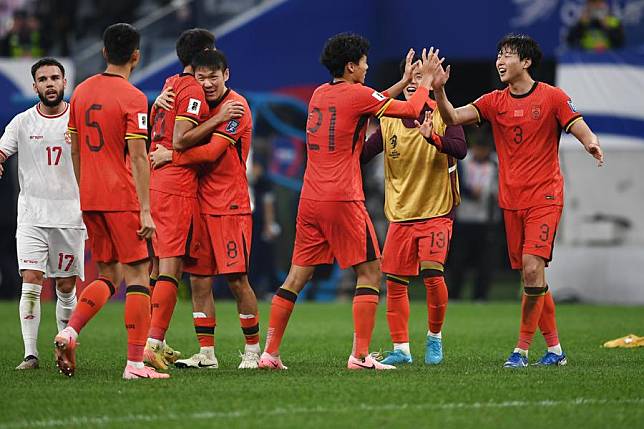 Gao Zhunyi (1st R) of China celebrates with his teammates after the 2026 FIFA World Cup Asian Qualifiers Group C match against Indonesia in Qingdao, east China's Shandong Province, on Oct. 15, 2024. (Xinhua/Li Ziheng)