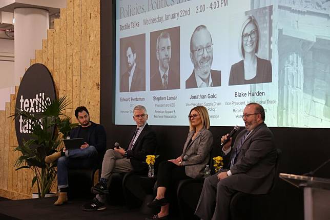 Jonathan Gold, vice president of supply chain and customs policy at the National Retail Federation, speaks at a panel discussion of Texworld NYC in New York City, the United States, on Jan. 22, 2025. (Xinhua/Liu Yanan)