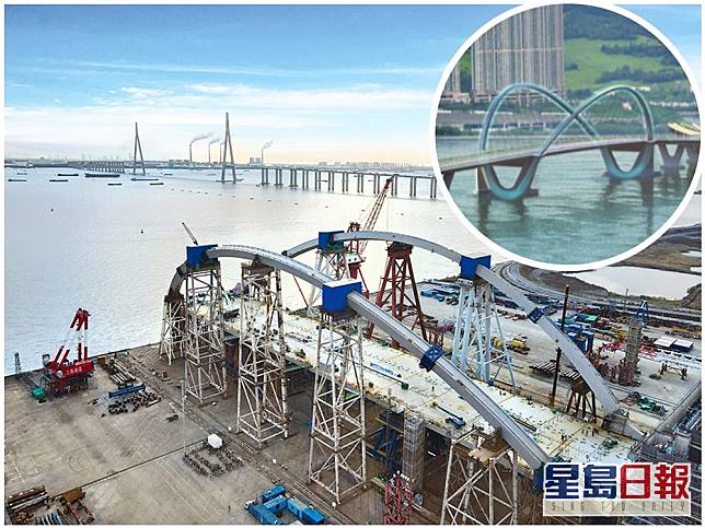 雙拱鋼橋在鄰近上海的南通市建造。（小圖為跨灣連接路構想圖）