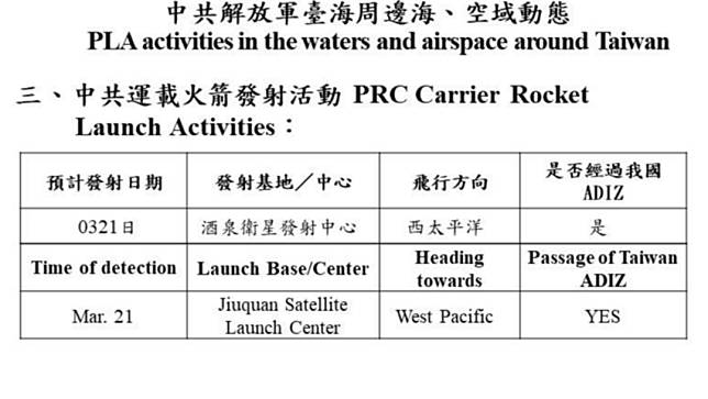 國防部發出中國發射火箭預告。國防部提供