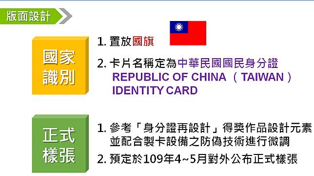 New eID的名稱定為中華民國國民身分證REPUBLIC OF CHINA （TAIWAN） IDENTITY CARD，將再參考「身分證再設計」得獎作品設計元素並配合製卡設備之防偽技術進行微調，正式樣張預定於明年4~5月對外公布。   圖：內政部提供